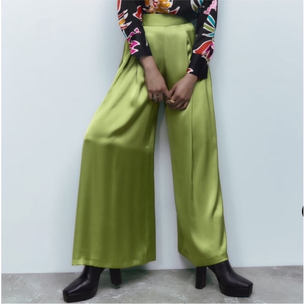 Zara Green Satin Wide Leg Pants Size XS